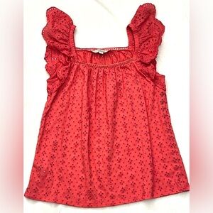 LOFT Women’s Coral Colored Eyelet Sleeveless Blouse with Ruffle Detail Sz Small